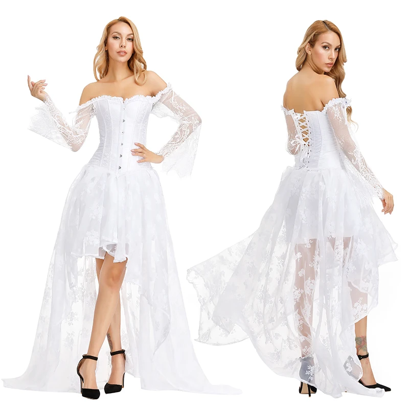 Gothic Corset Dress Plus Size Overbust Corset Dresses for Women Off the  Shoulder Long Sleeve Wedding Dress Lace White Blue