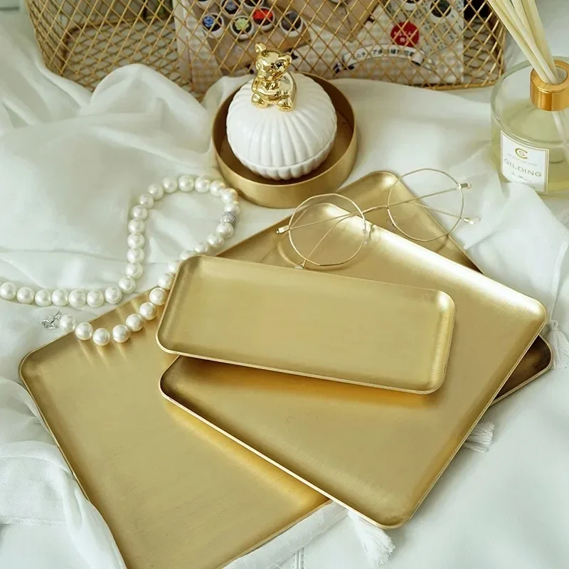 Gold Brass Storage Tray Serving Platter Decorators Brushed Metal Tableware Plate Jewelry Cosmetics Candy Food Makeup