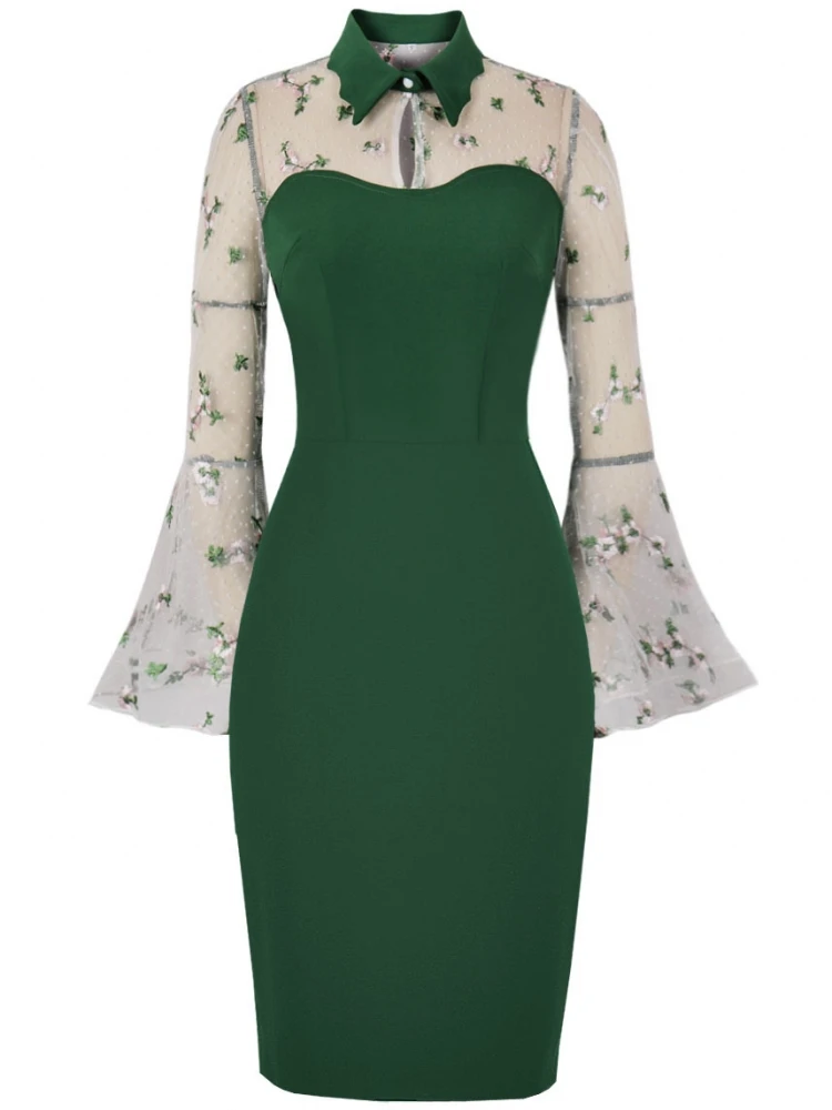 

Slim Fit Dress For Women Vintage Mesh Flare Sleeve High Waist Pencil Dress Spring Autumn Pullover Embroidered Turn-down Collar