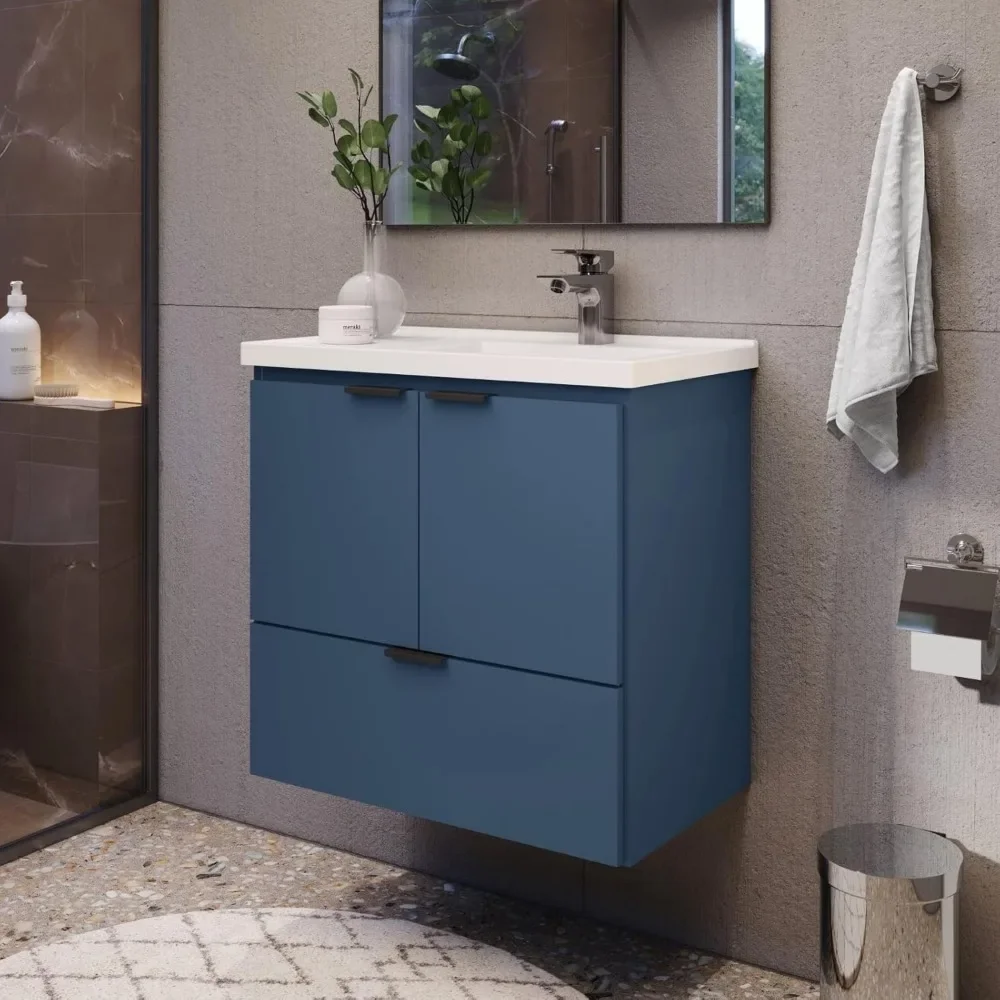 24" Floating Bathroom Vanity and Cultured Marble Sink with Soft Close Door 5