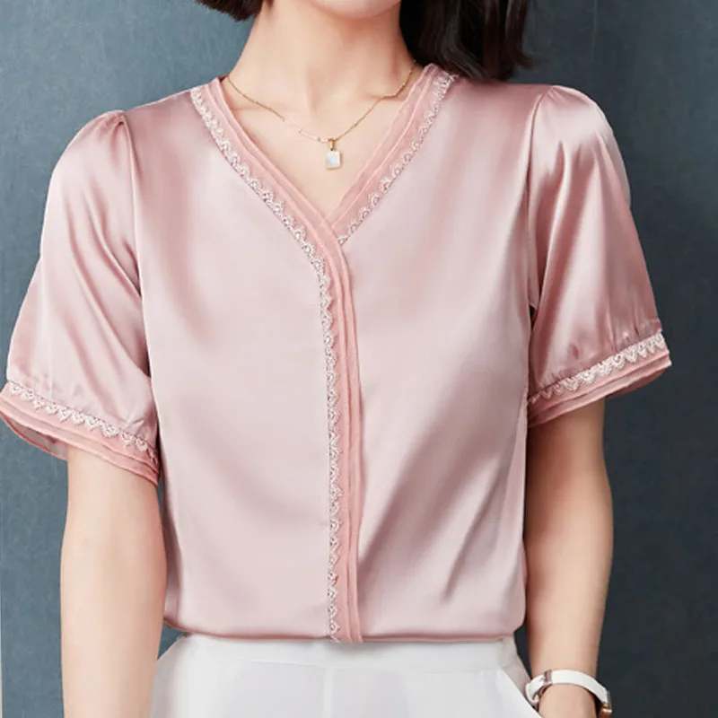 

French Style 2022 V-neck Lace Stitching White Shirts Female Clothing Short Sleeve Blouses Black Pink Elegant Solid Pullover 1694