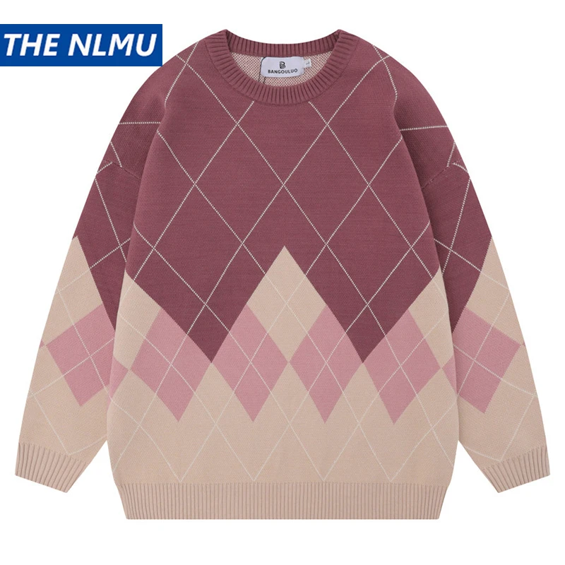 

Men Hip Hop Knitted Sweater Streetwear Gradient Plaid Pullover 2023 Autumn Harajuku Cotton Casual Knitwear Sweater Y2K