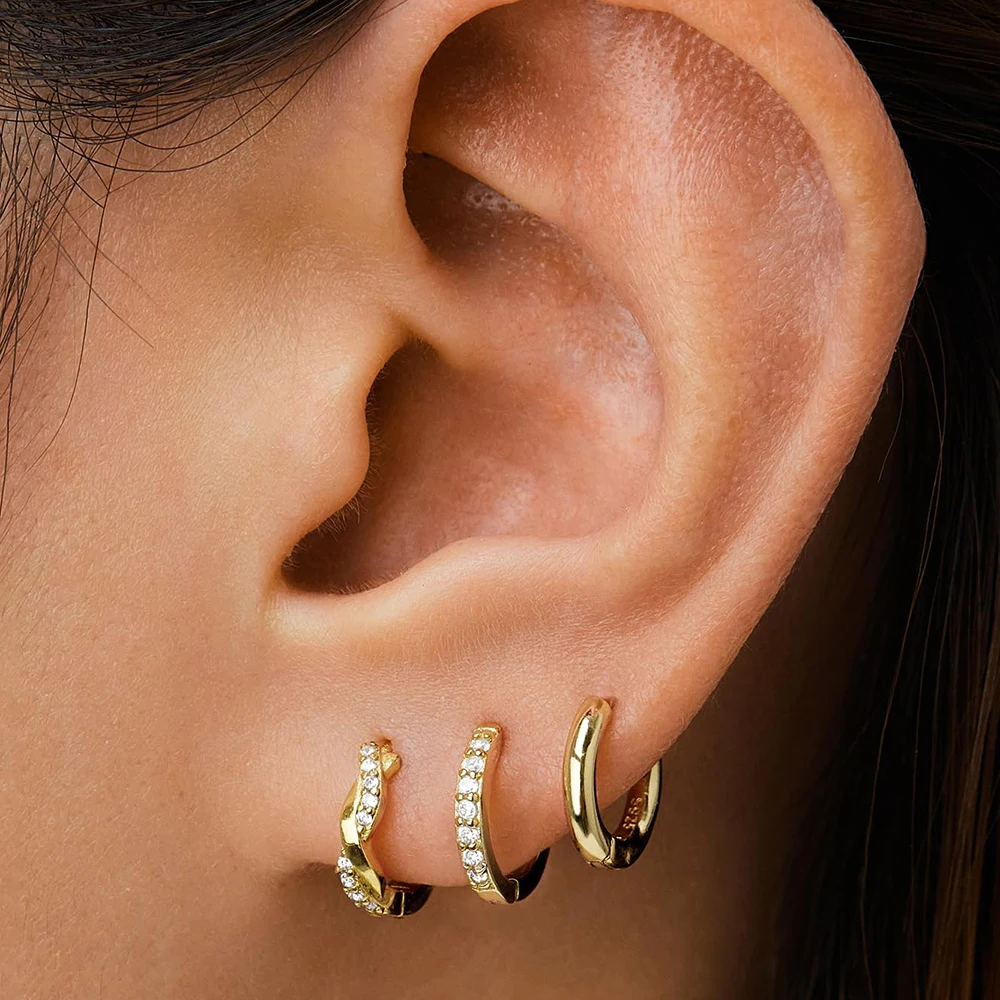 3-teiliges modisches, gedrehtes Huggie-Ohrring-Set aus Edelstahl für Damen, 14 Karat vergoldet, Creolen-Ohrring, Punk, Unisex, Rock-Schmuck – Detail 1