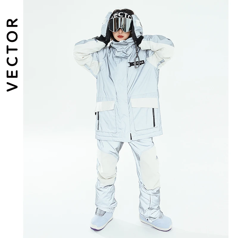 VECTOR 남녀공용 따뜻한 스키 슈트 세트, 후드 스키 바지, 방수 방풍 반사 스키 스노우보드 재킷 바지, 야외 의류