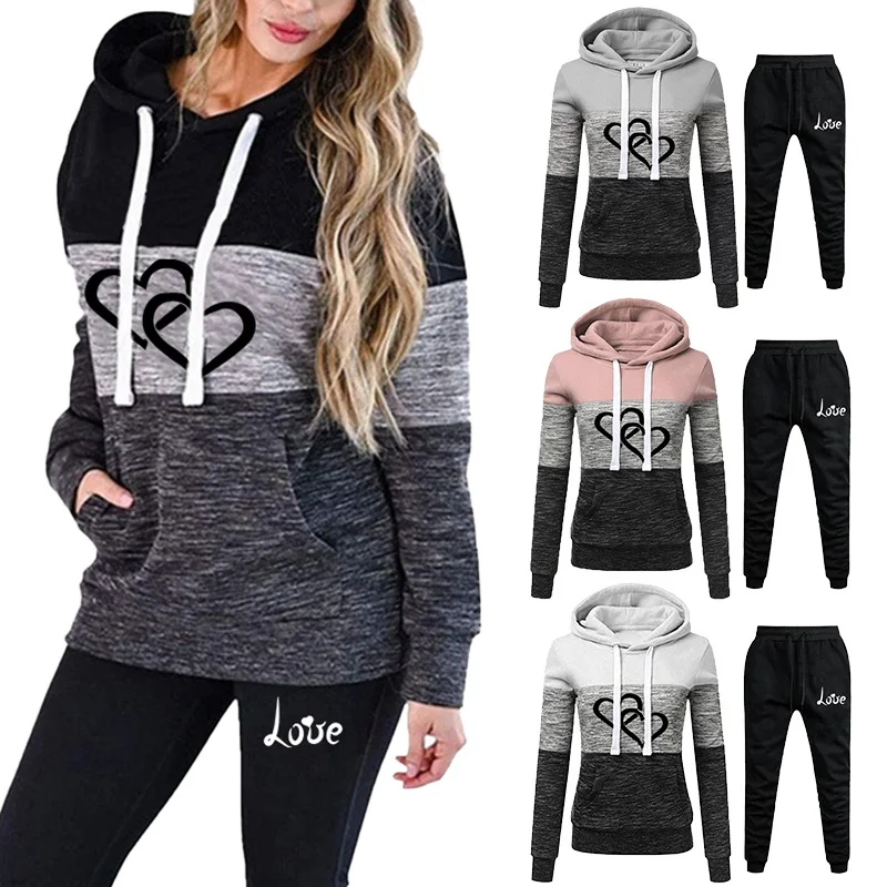 Women's love print Tricolor Striped Hoodies Set Outdoor Casual Longsleeve Pullover and Jogger Pants