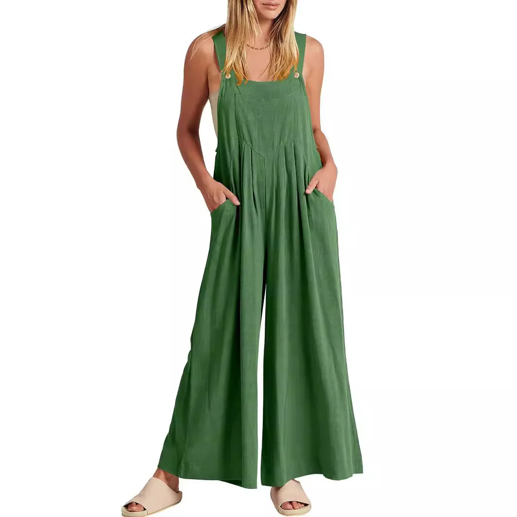 Jumpsuit ladies solid color loose casual cotton and linen suspenders jumpsuit simple commuting style, comfortable and casual