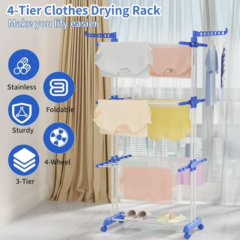 Clothes Drying Rack,Folding Clothes Rail Storage Rack, 4 Tier Clothes Horses Rack Stainless Steel Laundry Garment Dryer Stand 6