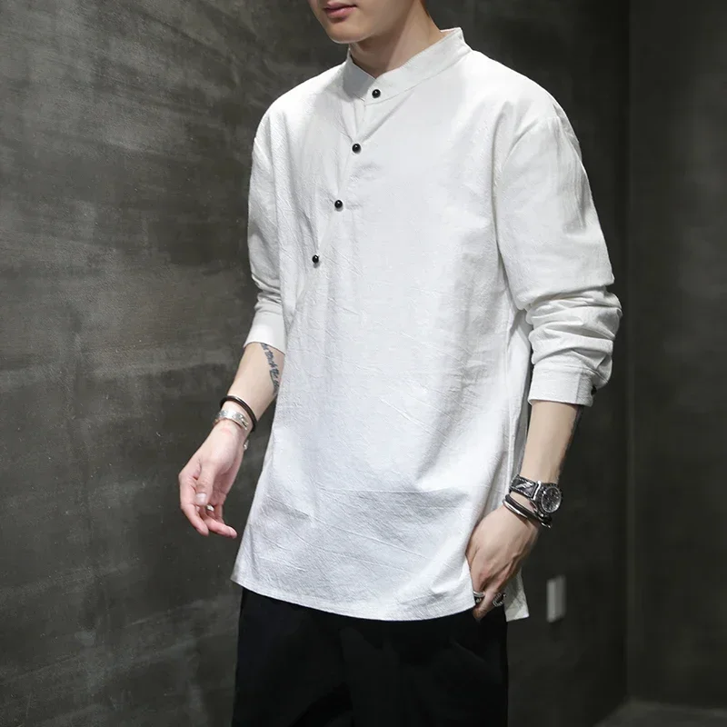 Mens Chinese Style Hemp Shirt Cotton Linen Tang Suit Hanfu Retro Stand-Up Collar Zen Clothes Harajuku tops Clothes Men Clothing cotton shirt