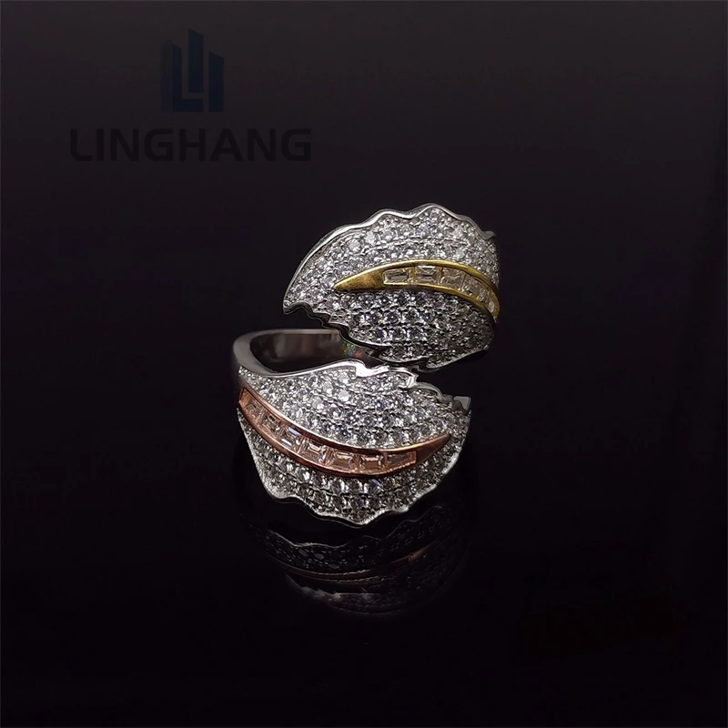 

S925 Silver European and American Luxury Full Diamond Leaf Ring for Men and Women Exquisite Colored Leaf Ring Handicraft