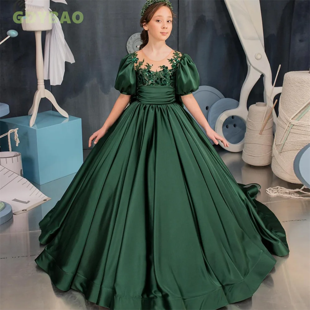 

Emerald Green Pageant Dresses Long Puffy Sleeve Lace Flower Girl Dress for Wedding Illusion Sheer Satin Bow Birthday Party Gowns