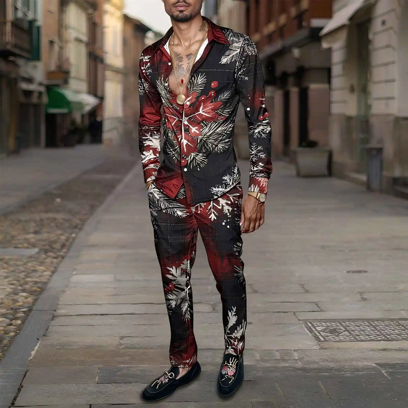 2025 Spring Summer Men Shirt Set Christmas Print Fashion Gingerbread Man Two Piece Set Mens Snowman Lightweight Party Long Sleev_voghion.com