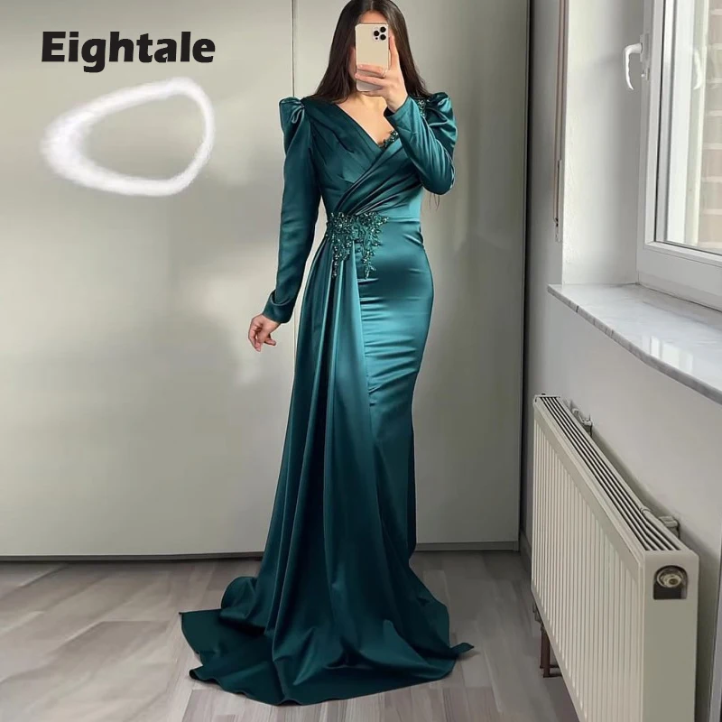 Eightale New Green Evening Dress for Wedding Party Appliques Beaded Satin  Long Sleeves Mermaid Prom Gown Celebrity vestido festa - AliExpress 320