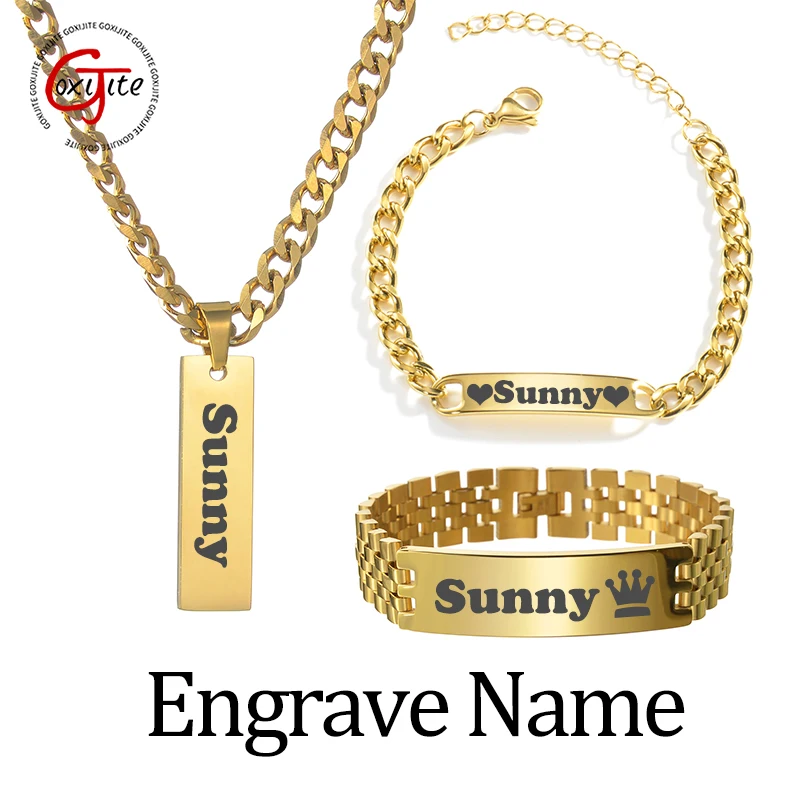 Goxijite Thick Chain Necklace For Men Stainless Steel Engrave Name Symbol Sets Bracelets Necklaces Accessories Holiday Gifts stainless steel engrave name bangles cuban chain necklace jewelry sets custom name date watch chain removable pendant necklac