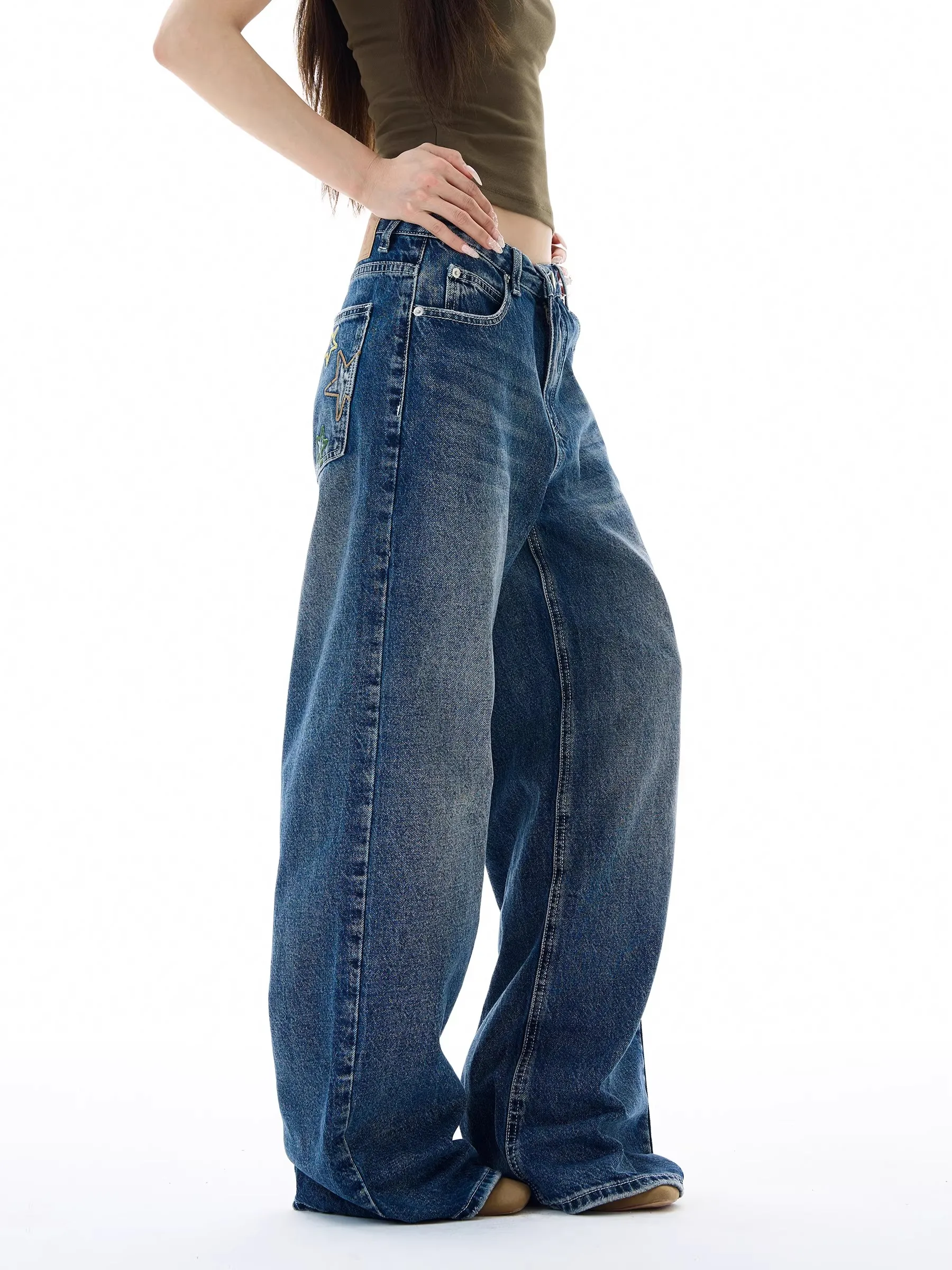Women's Loose Straight Leg High Street American Style Jeans Wide Leg Trousers with Patch Design Couple Trendy Brand