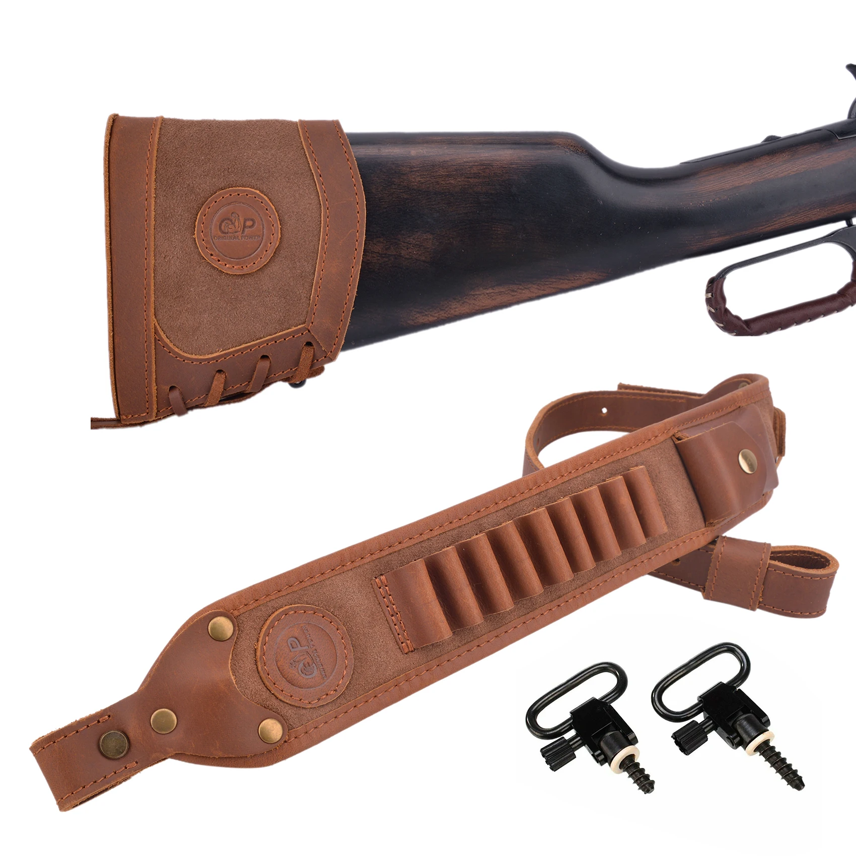 

1 Set Cow Hide Leather Gun Recoil Pad Buttstock +Rifle Ammo Sling For Hunting