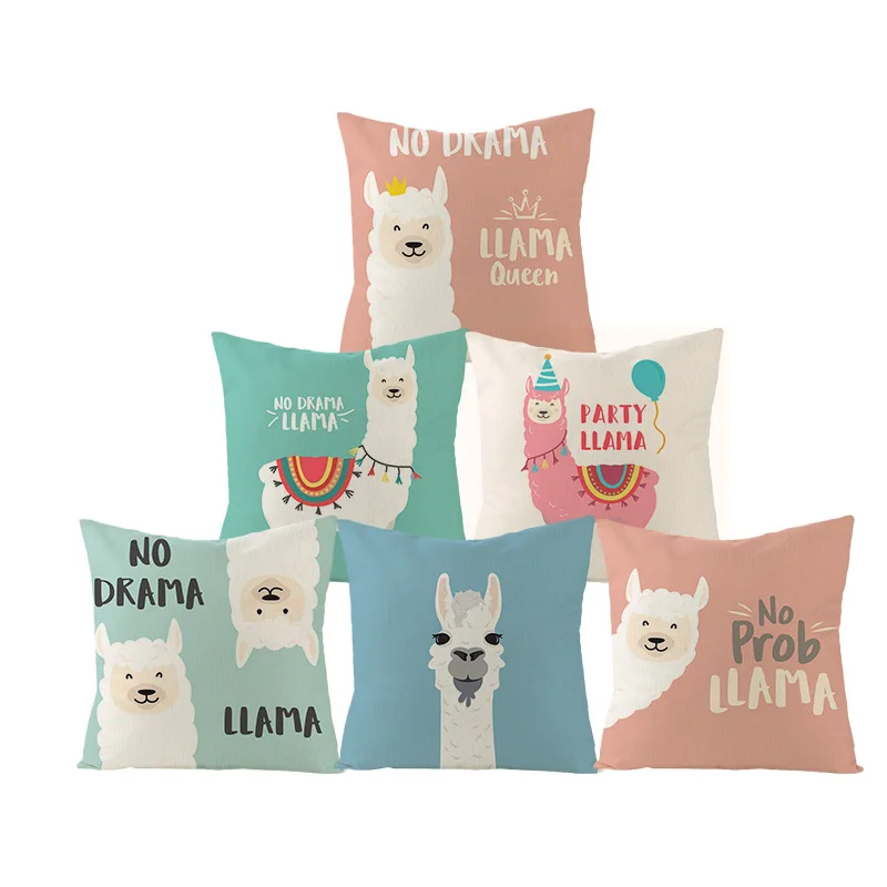 

Lovely Alpaca Print Cushion Cover Hot Cotton Linen Cute Alpaca Animals Pink Blue Pillow Cover Sofa Chair Decorative Pillows Case