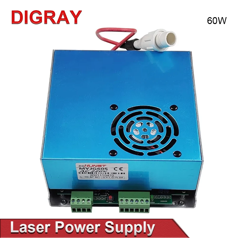 DIGRAY MYJG-50W 60W مزود طاقة ليزر CO2 110V/220V اختياري، مناسب لأنابيب الزجاج لآلات القطع والنقش بقوة 40~70 واط.