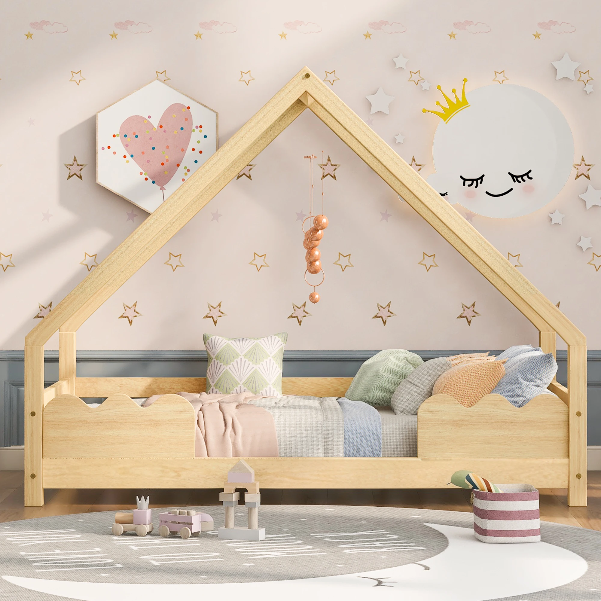 KOMHTOM Massivholz Hausbett Kinderbett Jugendbett Spielbett 90x200cm mit Rausfallschutz – Detail 1