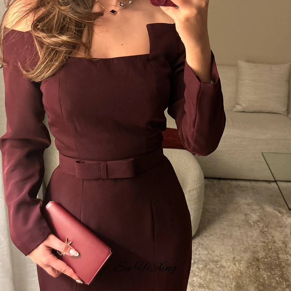 فستان سهرة عنابي جيرسيه فتحة