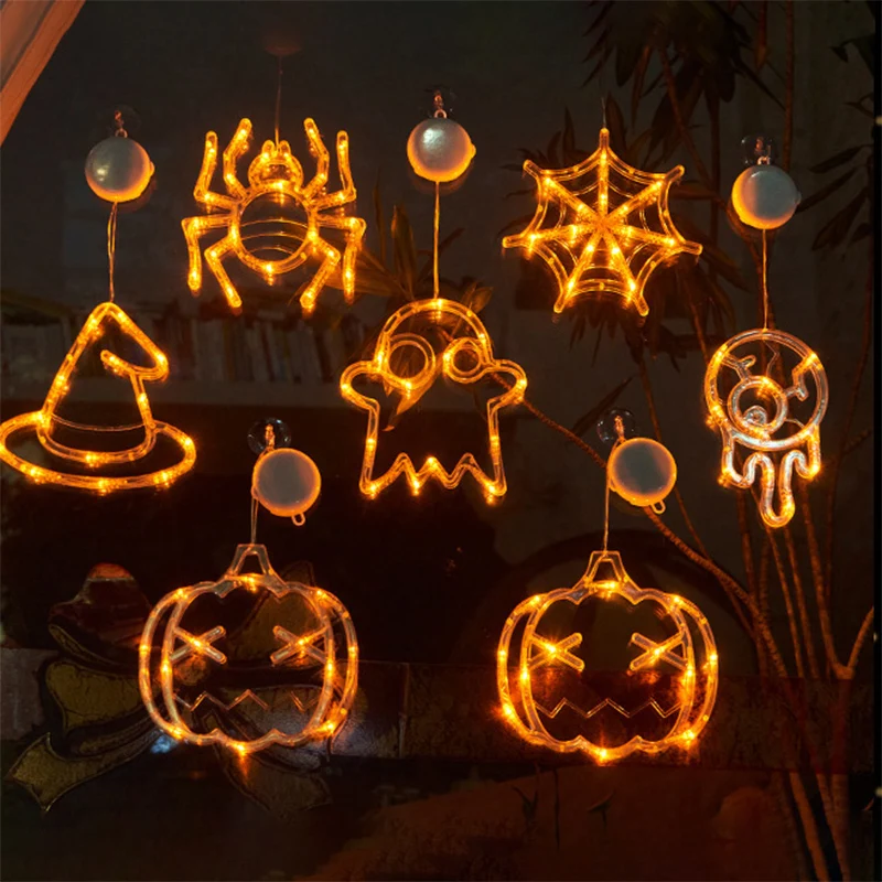 

Halloween Window Decorations Lights Pumpkin Spider Bat Orange Hanging LED Sucker Lamp Hallowenn Window Door Decoration Supplies
