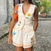 Vintage 2025 Summer Short Sets Floral Embroidery Woman 2 Piece Outfits V Neck Sleeveless Buttons Vest Top + Short Pants Suit 3