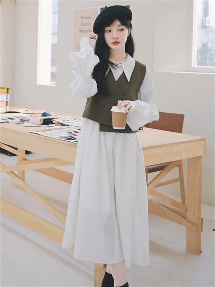 

Vest and Dress Two Piece Set 2023 Spring Women Elegant Fashion Korean Style Long Sleeve Casual Loose White Shirt Dresses 3085