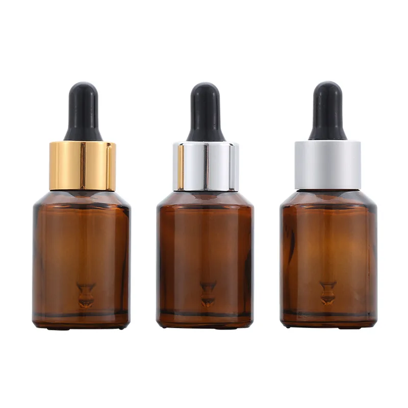 

20pcs Brown Glass Pipette Bottle Black Gold Silver Ring Lid Black Top Empty Cosmetic Refillable Essential Oil Dropper Vials 30ml