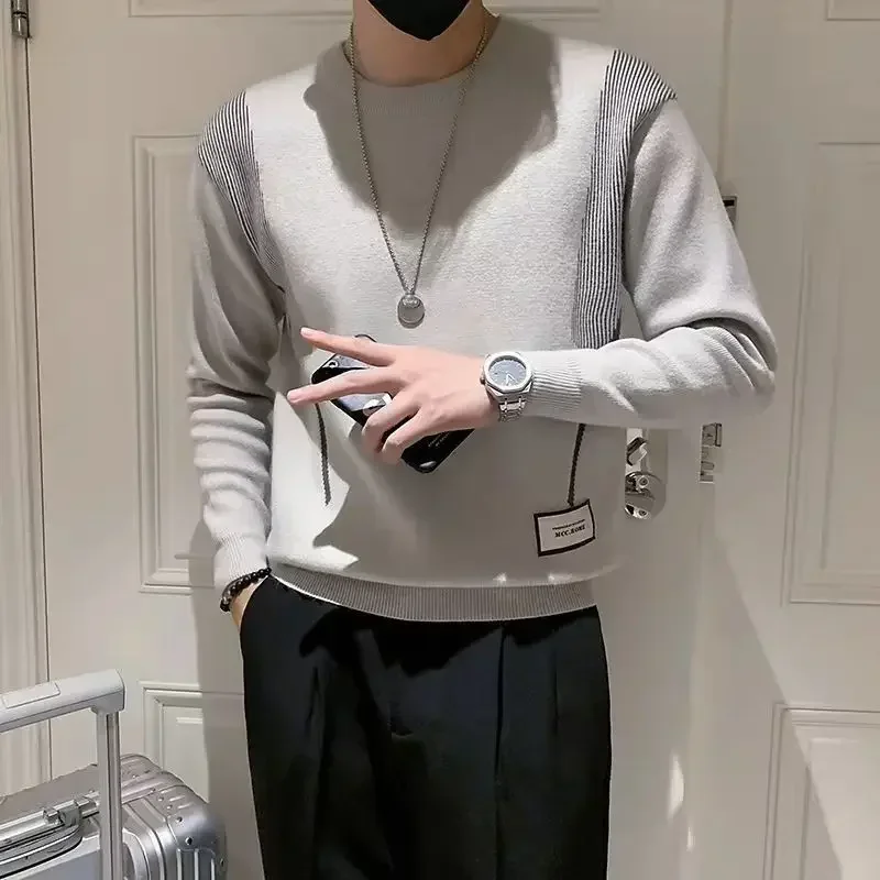 thumbnail image 1 of Suéter de cuello redondo para hombre, ropa popular coreana, suéteres de punto para hombres, jerséis de estilo urbano, prendas de punto holgadas, 1 of 5