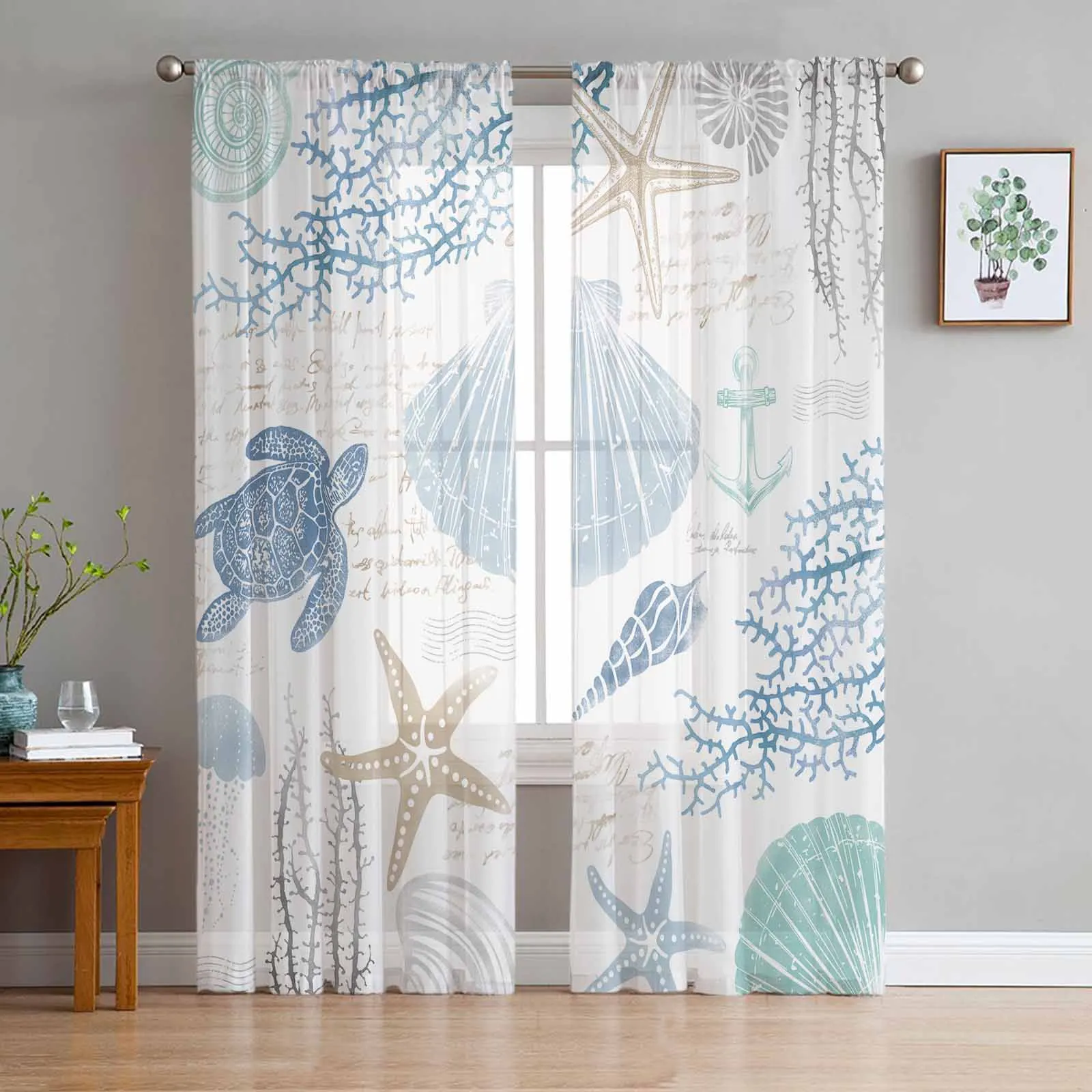 

Marine Coral Shell Turtle Jellyfish Ship Rudder Blue Sheer Curtains for Bedroom Living Room Voile Window Curtains Tulle Drapes