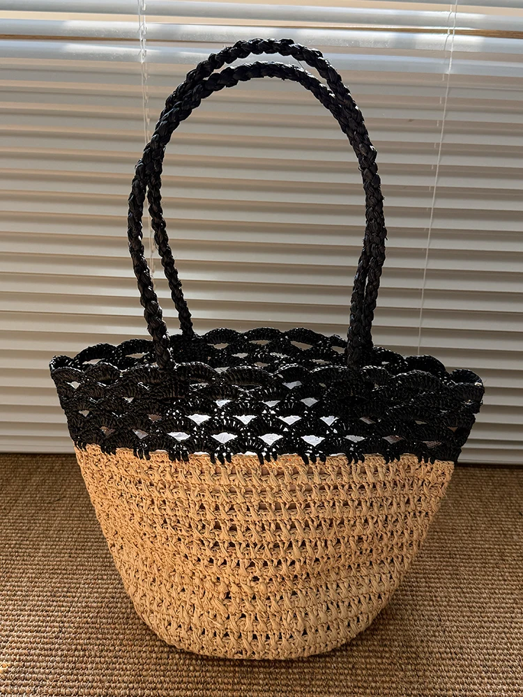 Fashion Lafite Straw Bucket Bag Hollow Rattan Women Handbags Summer Beach Shoulder Crossbody Bag Casual Lady Large Tote