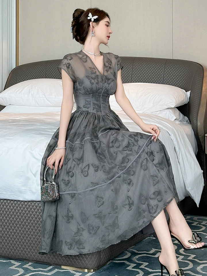Alam Exclusive Vestido Largo De Seda Con Detalle Deshilachado De Manga Corta Para Mujer, Estilo Italiano Lagenlook, Talla única, Negro, 36-44