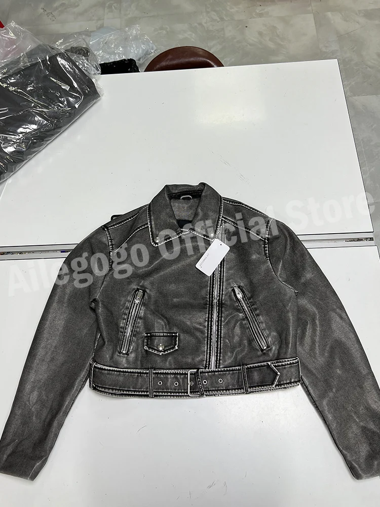 Women Loose Pu Faux Leather Short Jacket with Belt Streetwear Female Moto Biker Zipper Lapel Coat Outwear leather jacket women