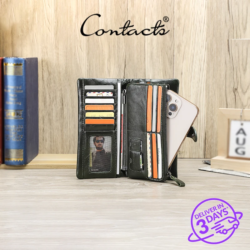 CONTACT'S Lady Genuine Leather Long Wallet for Women Vintage Purses Fashion Card Holders Zip Men Travel Gift Coin Purses Wallets