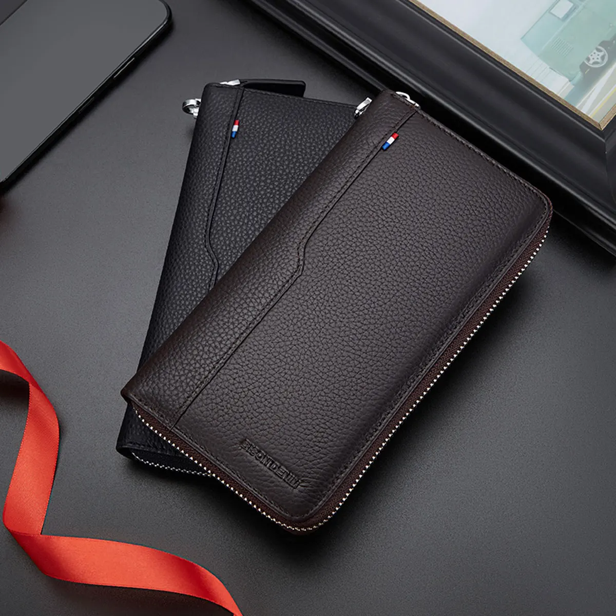 

BISON DENIM Genuine Leather Men's Long Wallet RFID Blocking Long Purse Coin Case Passport Cover For Mens Credit Card Holder