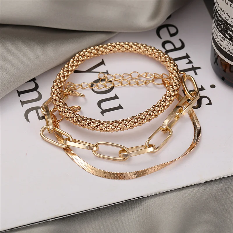 3PCS/Set Fashion Thick Chain Link Bracelets Bangles For Women Vintage Snake Chain Gold Silver Color Bracelets Set Punk Jewelry