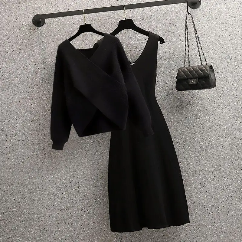 Autumn and Winter Set Women's New Korean Edition Western Style Slim Cross Sweater Vest Skirt Two Piece Set Trendy