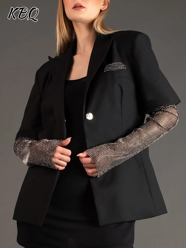 

KBQ Spliced Diamonds Chic Blazer For Women Notched Collar Long Sleeve Patchwork Bottons Solid Loose Straight Blazers Female New