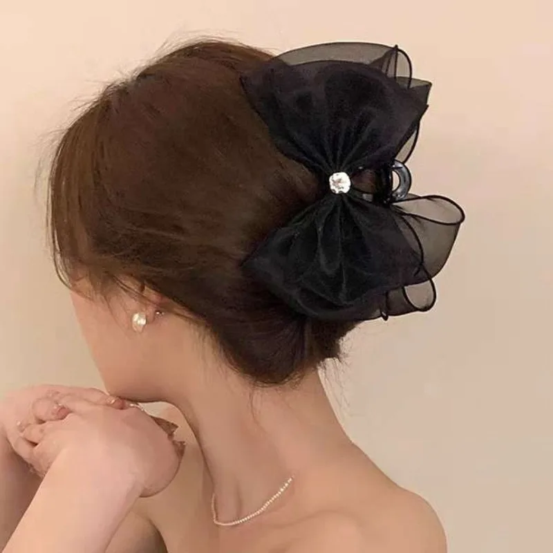 Black Lace Bow Hair Claw Grip Women Retro Ponytail Braid Korean Doulbe Mesh Bowknot Crystal Hair Clip Headwear Hair Accessories