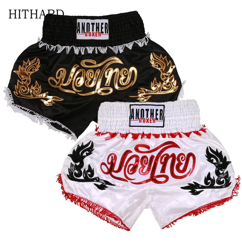 

Muay Thai Shorts Tassels Embroidery Boxing Shorts Men Women Kids Black White Combat Cage Fighting Kickboxing Training MMA Shorts