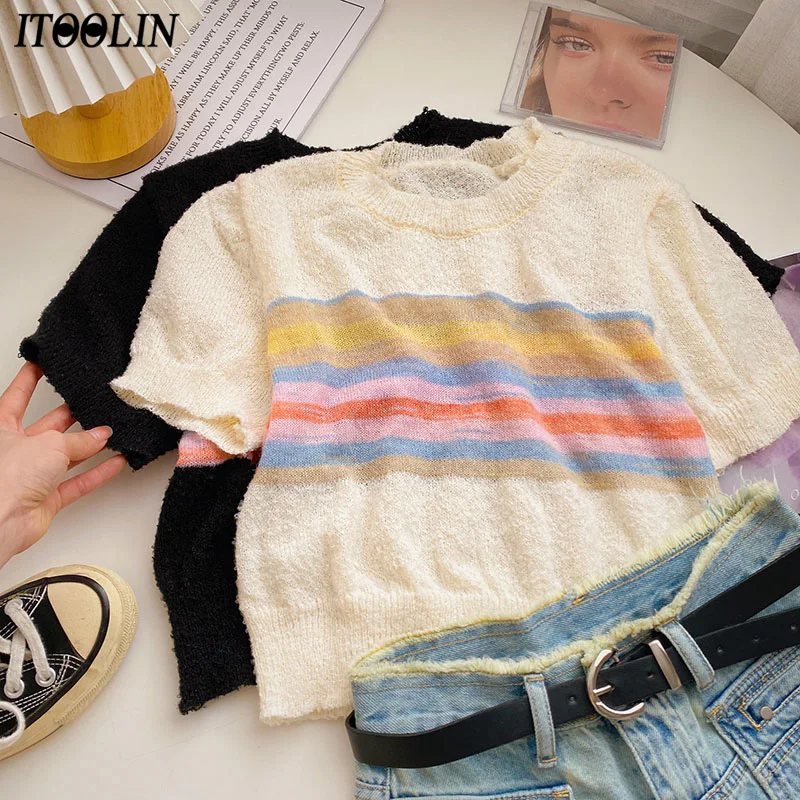 

ITOOLIN Colorful Striped Women T-shirt O-Neck Casual Knitted Tops Crop Tops Puff Sleeve Summer For Women Slim T-shirt 2023