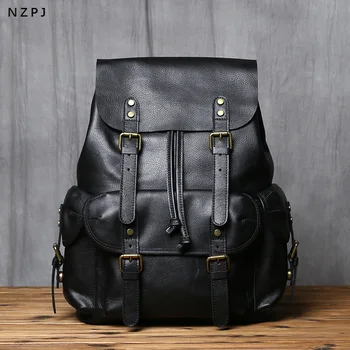 NZPJ Genuine Leather Men's Backpack Casual Men's Bag Natural Cowhide Book Bag Laptop Computer Bag Large Capacity Backpack 1