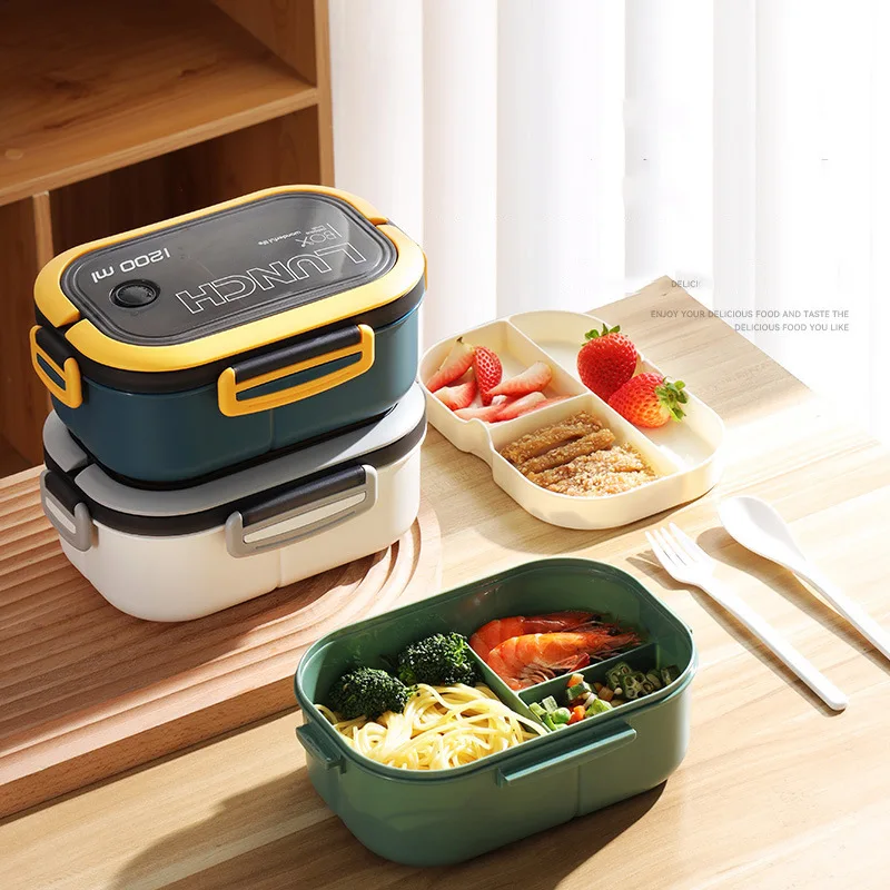 

1200ml Lunch Box Bento Box 2 Layer Mesh Kids Leak Proof Bento Snack Box with Cutlery Microwave Safe Food Storage Container