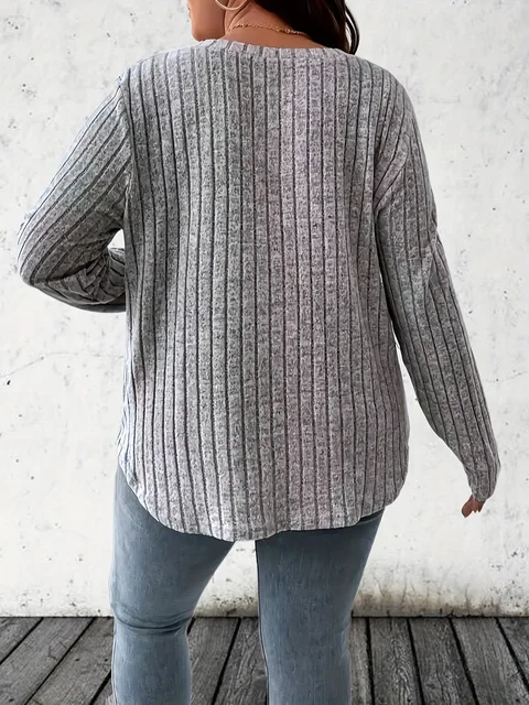 T-shirt à manches longues et col en V pour femmes, grande taille 1XL-5XL, mode décontractée, couleur unie, vêtements pour dames 3