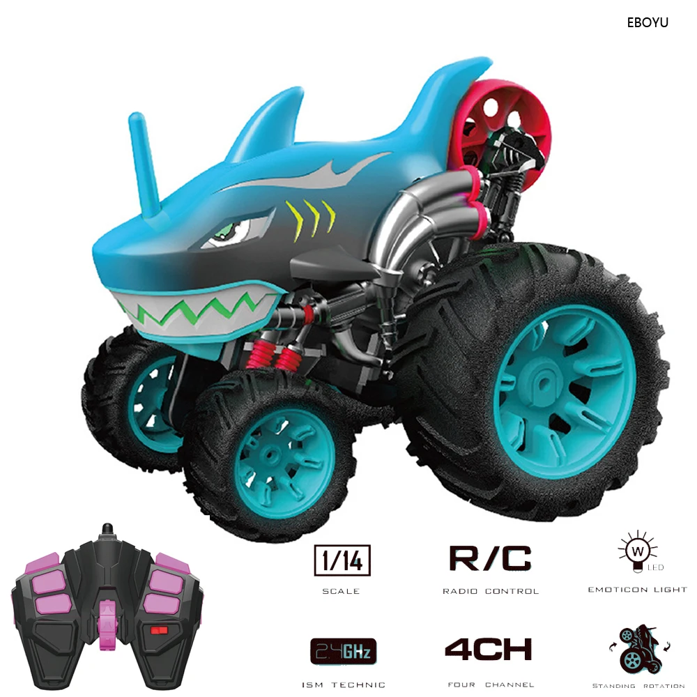 

EBOYU WL22161 RC Rolling Shark Stunt Car 2.4Ghz 4CH 360 Degree Rotation Emoticon Llights Monster Racing RC Car Toys for Kids