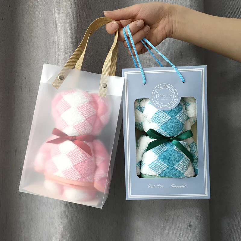 

Coral Fleece Bear Shape Hand Towel With Bag Diamond Plaid Print Bathroom Absorbent Face Hand Towel Wedding Business Holiday Gift