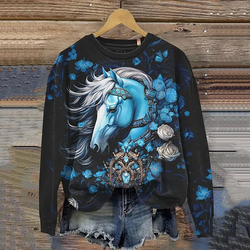 3d Horse Printing Women Hoodie Autumn Pullover O-Neck Vintage Sweatshirts Women Fashion Casual Female Loose Clothes