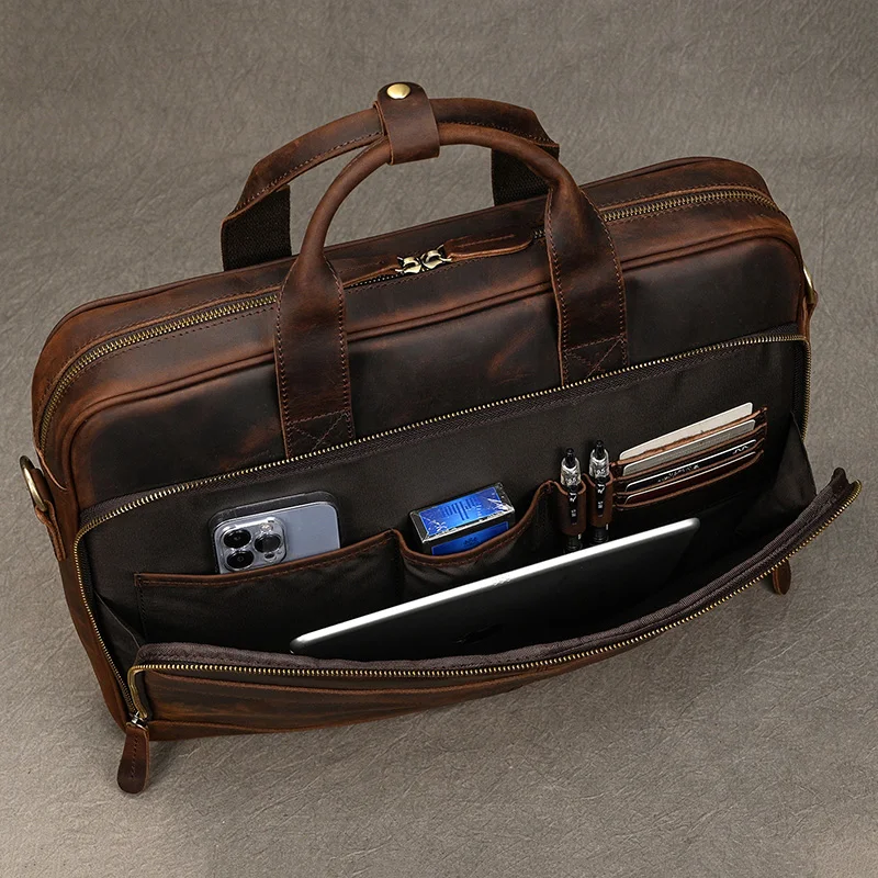 Crazy Horse Genuine Leather Men Briefcase Vintage 16 inch Big Business Laptop Handbag Large Cowhide Messenger Shoulder Bag Man 4