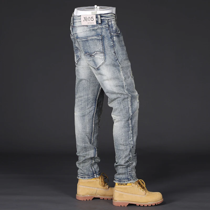 Fashion Designer Men Jeans High Quality Retro Washed Blue Stretch Slim Fit Ripped Jens Men Vintage Casual Denim Pants Hombre