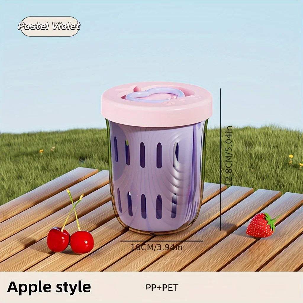 1pc Drippable Fruit Cup with Fork Portable Sealed Leak-proof Kitchen Picnic Box Double Layer Fruit Cup Drainage Salad Snack Cups