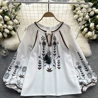 litmage Women Spring Autumn Blouse Ethnic Style Retro Literature Loose Embroidered Cotton Linen Pullover Shirt Casual Top D3549 - Image 2
